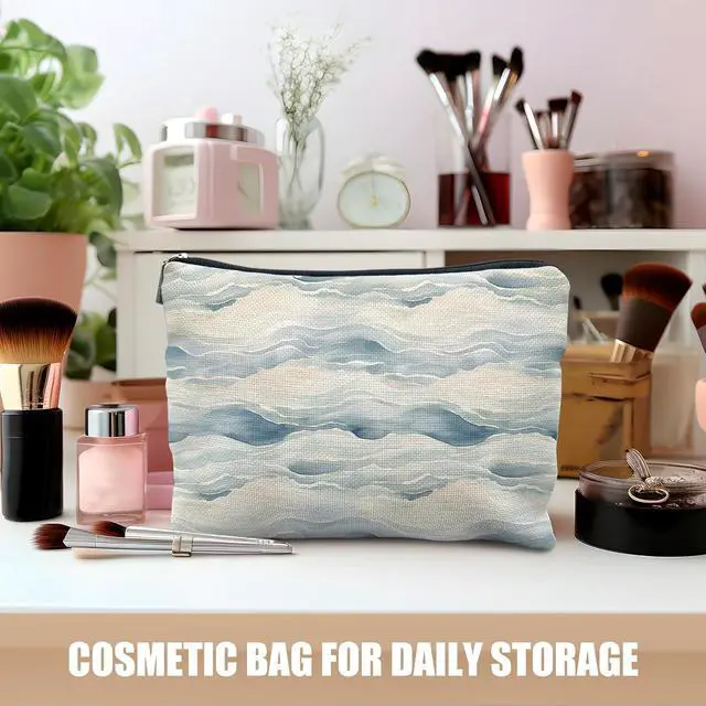 Alt view image 6 of 6 - Abstract Blue Ocean Wave Coastal Makeup Cosmetic Bag for Women, Gifts for Beach Lovers, Preppy Ocean Beachy Canvas Zipper Makeup Pouch Travel Toiletry Bag