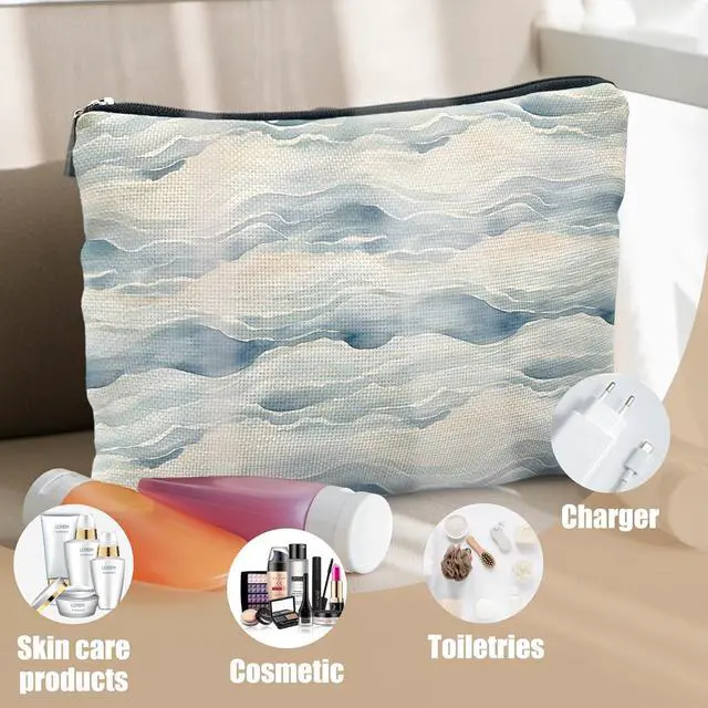 Alt view image 5 of 6 - Abstract Blue Ocean Wave Coastal Makeup Cosmetic Bag for Women, Gifts for Beach Lovers, Preppy Ocean Beachy Canvas Zipper Makeup Pouch Travel Toiletry Bag