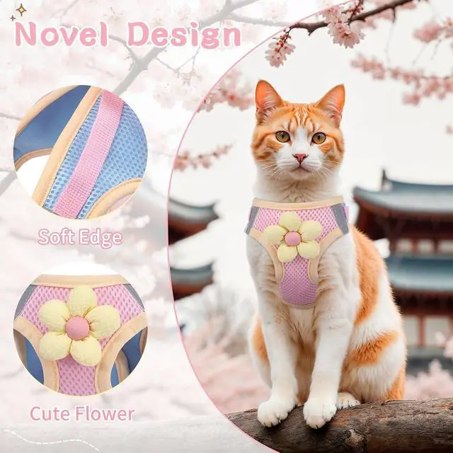 Alt view image 2 of 7 - Cat Harness and Leash Set, Escape Proof Soft Vest Walk Pink XS | Adjustable, Easy Wear, Breathable Comfy Mesh, Reflective Strips, Sturdy Clip Buckle Flower Harness for Cats Kitty Puppy Bunny