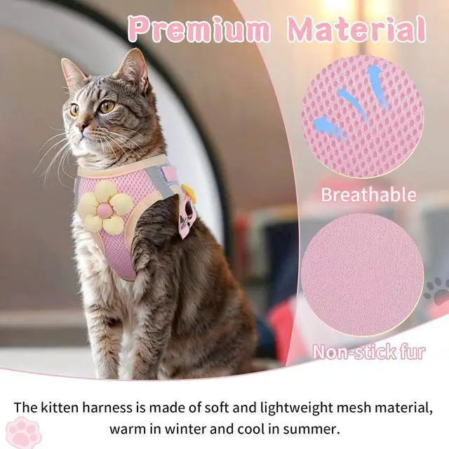 Alt view image 3 of 7 - Cat Harness and Leash Set, Escape Proof Soft Vest Walk Pink XS | Adjustable, Easy Wear, Breathable Comfy Mesh, Reflective Strips, Sturdy Clip Buckle Flower Harness for Cats Kitty Puppy Bunny