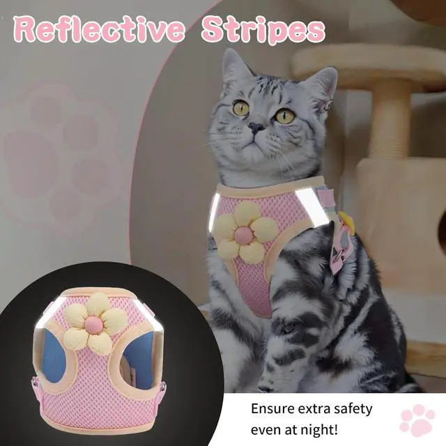 Alt view image 4 of 7 - Cat Harness and Leash Set, Escape Proof Soft Vest Walk Pink XS | Adjustable, Easy Wear, Breathable Comfy Mesh, Reflective Strips, Sturdy Clip Buckle Flower Harness for Cats Kitty Puppy Bunny