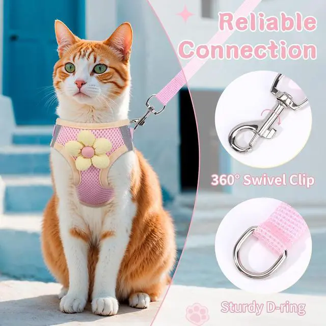 Alt view image 5 of 7 - Cat Harness and Leash Set, Escape Proof Soft Vest Walk Pink XS | Adjustable, Easy Wear, Breathable Comfy Mesh, Reflective Strips, Sturdy Clip Buckle Flower Harness for Cats Kitty Puppy Bunny
