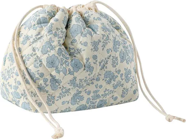 Main image of uekeboag Cotton Quilted Drawstring Makeup Bag(02LightBlue) | Small ,Canvas Lining, Foldable Coquette Aesthetic Cute Travel Toiletry Bag,Drawstring Gift Bag for Women and Girls