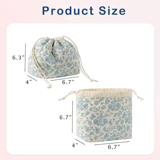 Alt view image 2 of 6 - uekeboag Cotton Quilted Drawstring Makeup Bag(02LightBlue) | Small ,Canvas Lining, Foldable Coquette Aesthetic Cute Travel Toiletry Bag,Drawstring Gift Bag for Women and Girls