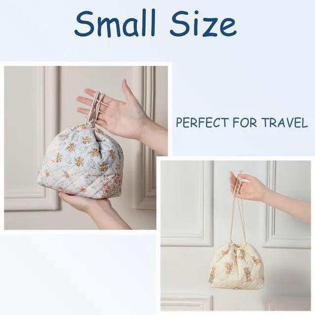 Alt view image 3 of 6 - uekeboag Cotton Quilted Drawstring Makeup Bag(02LightBlue) | Small ,Canvas Lining, Foldable Coquette Aesthetic Cute Travel Toiletry Bag,Drawstring Gift Bag for Women and Girls