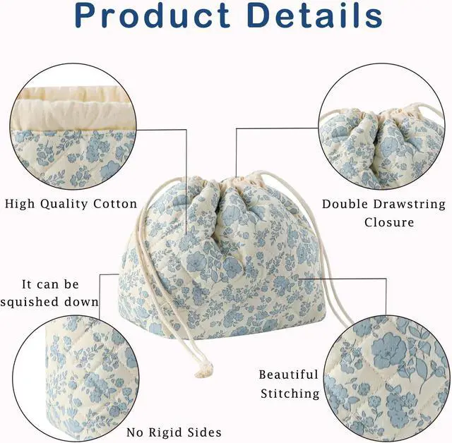 Alt view image 4 of 6 - uekeboag Cotton Quilted Drawstring Makeup Bag(02LightBlue) | Small ,Canvas Lining, Foldable Coquette Aesthetic Cute Travel Toiletry Bag,Drawstring Gift Bag for Women and Girls