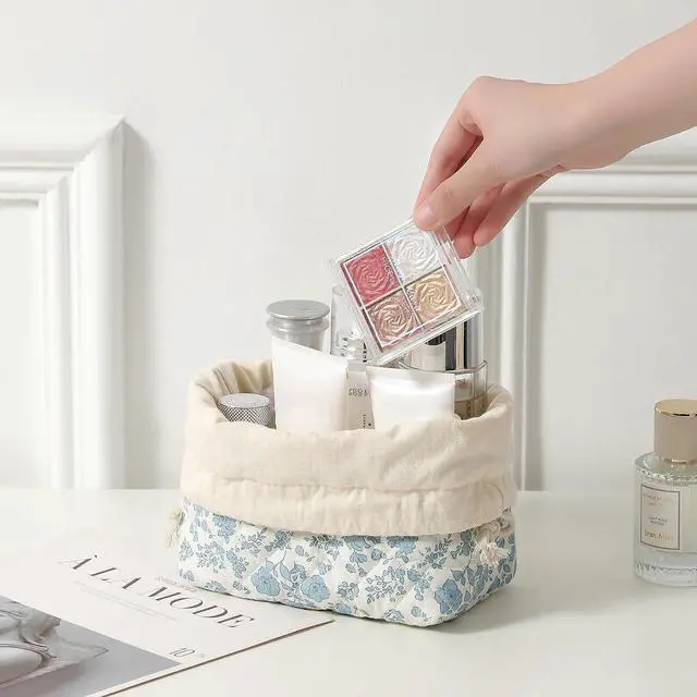 Alt view image 5 of 6 - uekeboag Cotton Quilted Drawstring Makeup Bag(02LightBlue) | Small ,Canvas Lining, Foldable Coquette Aesthetic Cute Travel Toiletry Bag,Drawstring Gift Bag for Women and Girls