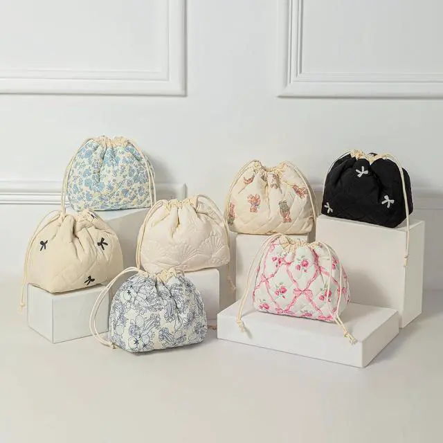 Alt view image 6 of 6 - uekeboag Cotton Quilted Drawstring Makeup Bag(02LightBlue) | Small ,Canvas Lining, Foldable Coquette Aesthetic Cute Travel Toiletry Bag,Drawstring Gift Bag for Women and Girls