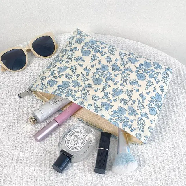 Alt view image 3 of 5 - STARDW Aesthetic Floral Makeup Bag Cute Small Cosmetic Bags for Women Girls, Travel Toiletry Bag Large Capacity Zipper Makeup Pouch, Purse Organizer Pouches (Floral Blue)