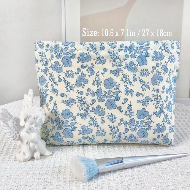 Alt view image 2 of 5 - STARDW Aesthetic Floral Makeup Bag Cute Small Cosmetic Bags for Women Girls, Travel Toiletry Bag Large Capacity Zipper Makeup Pouch, Purse Organizer Pouches (Floral Blue)