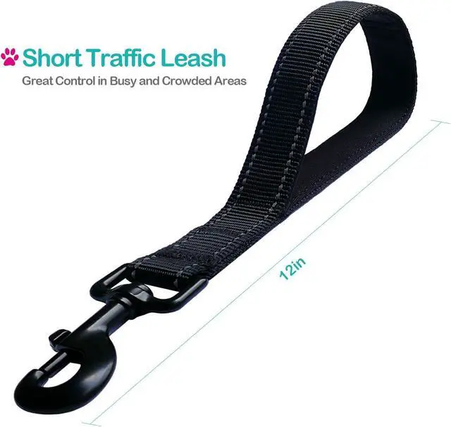 Alt view image 2 of 6 - Short Nylon Dog Lead - Heavy Duty Padded Handle - Reflective Black, 12 Inch for Large & Medium Dogs