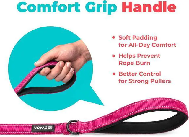 Alt view image 5 of 7 - Best Pet Supplies Voyager Nylon Dog Leash - Fuchsia, Small | 5ft in Length, 5/8" in Width, Reflective, Soft Neoprene Handle, Heavy Duty Metal Clips for Running, Walking & Training