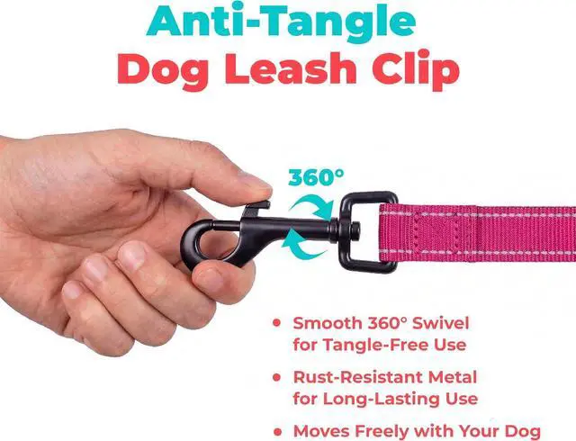 Alt view image 7 of 7 - Best Pet Supplies Voyager Nylon Dog Leash - Fuchsia, Small | 5ft in Length, 5/8" in Width, Reflective, Soft Neoprene Handle, Heavy Duty Metal Clips for Running, Walking & Training