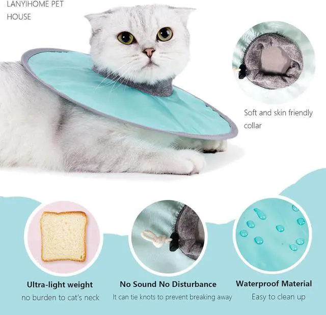 Alt view image 2 of 6 - Ultra-Light Cat Recovery Collar - Waterproof Neck Cones After Surgery, Adjustable Flat Elizabethan Collars for Kitten Cats Puppy Rabbits, Mint Green, M Size