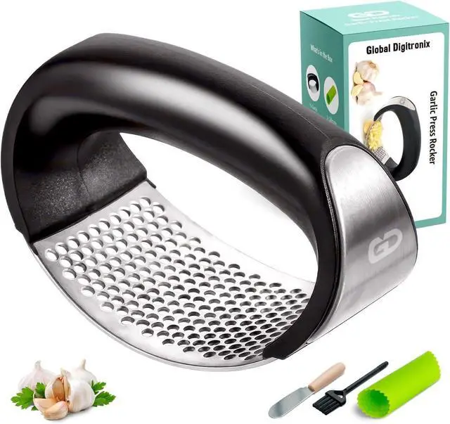 Main image of Garlic Press Rocker Stainless Steel Garlic Mincer, Crusher & Chopper Tool with Peeler, Spatula & Brush Easy-Press Garlic Press for Mincing Cloves, Ginger & Nuts, Comfortable Ergonomic Handle