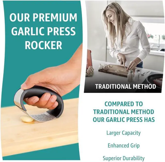 Alt view image 2 of 7 - Garlic Press Rocker Stainless Steel Garlic Mincer, Crusher & Chopper Tool with Peeler, Spatula & Brush Easy-Press Garlic Press for Mincing Cloves, Ginger & Nuts, Comfortable Ergonomic Handle