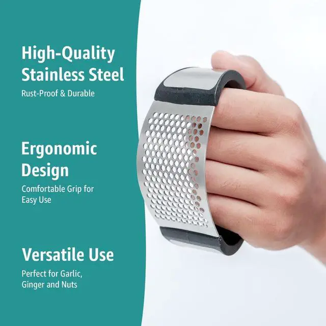 Alt view image 3 of 7 - Garlic Press Rocker Stainless Steel Garlic Mincer, Crusher & Chopper Tool with Peeler, Spatula & Brush Easy-Press Garlic Press for Mincing Cloves, Ginger & Nuts, Comfortable Ergonomic Handle