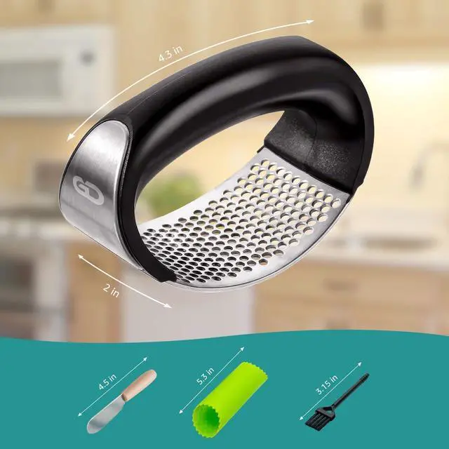 Alt view image 6 of 7 - Garlic Press Rocker Stainless Steel Garlic Mincer, Crusher & Chopper Tool with Peeler, Spatula & Brush Easy-Press Garlic Press for Mincing Cloves, Ginger & Nuts, Comfortable Ergonomic Handle