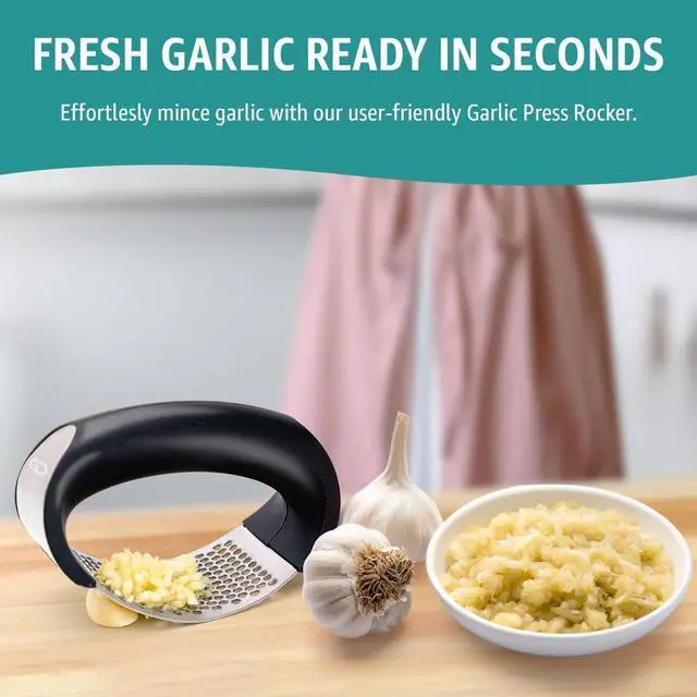 Alt view image 7 of 7 - Garlic Press Rocker Stainless Steel Garlic Mincer, Crusher & Chopper Tool with Peeler, Spatula & Brush Easy-Press Garlic Press for Mincing Cloves, Ginger & Nuts, Comfortable Ergonomic Handle