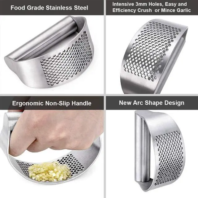 Alt view image 2 of 7 - GuDoQi Garlic Press Rocker, Stainless Steel Garlic Mincer Garlic Crusher, Garlic Chooper with Peeler and Scraper Brush, Garlic Press with Ergonomic Handle, Innovative Kitchen Gadgets