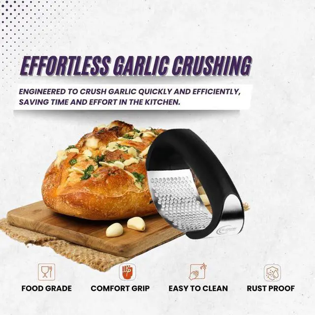 Alt view image 2 of 7 - Garlic Press Rocker Set- Premium Garlic Crusher- Innovative & Fast Garlic mincer- Peeler and Scraper Included- Comfortable Grip