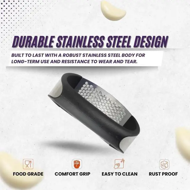 Alt view image 3 of 7 - Garlic Press Rocker Set- Premium Garlic Crusher- Innovative & Fast Garlic mincer- Peeler and Scraper Included- Comfortable Grip