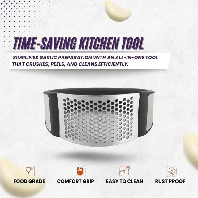Alt view image 4 of 7 - Garlic Press Rocker Set- Premium Garlic Crusher- Innovative & Fast Garlic mincer- Peeler and Scraper Included- Comfortable Grip