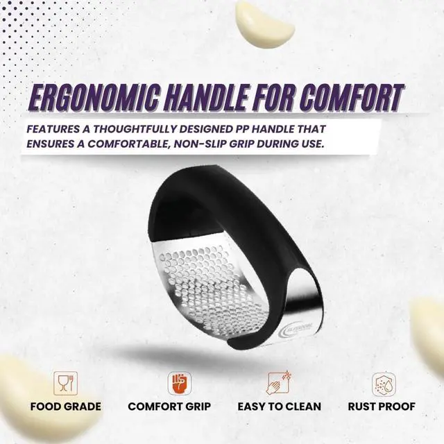 Alt view image 7 of 7 - Garlic Press Rocker Set- Premium Garlic Crusher- Innovative & Fast Garlic mincer- Peeler and Scraper Included- Comfortable Grip