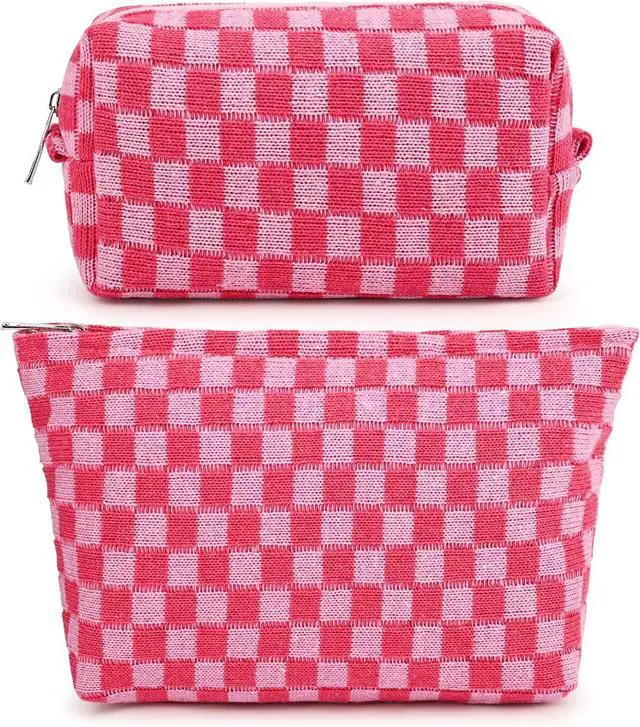 Main image of SOIDRAM 2 Pieces Makeup Bag Large Checkered Cosmetic Bag Capacity Canvas Mix Travel Toiletry Bag Organizer Cute Makeup Brushes Aesthetic Accessories Storage Bag for Women, Checkered Mix Rose Red