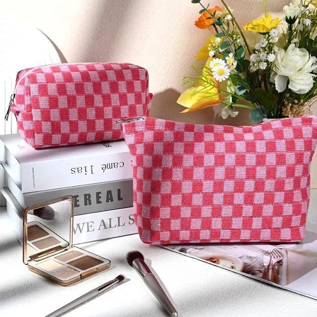 Alt view image 2 of 7 - SOIDRAM 2 Pieces Makeup Bag Large Checkered Cosmetic Bag Capacity Canvas Mix Travel Toiletry Bag Organizer Cute Makeup Brushes Aesthetic Accessories Storage Bag for Women, Checkered Mix Rose Red