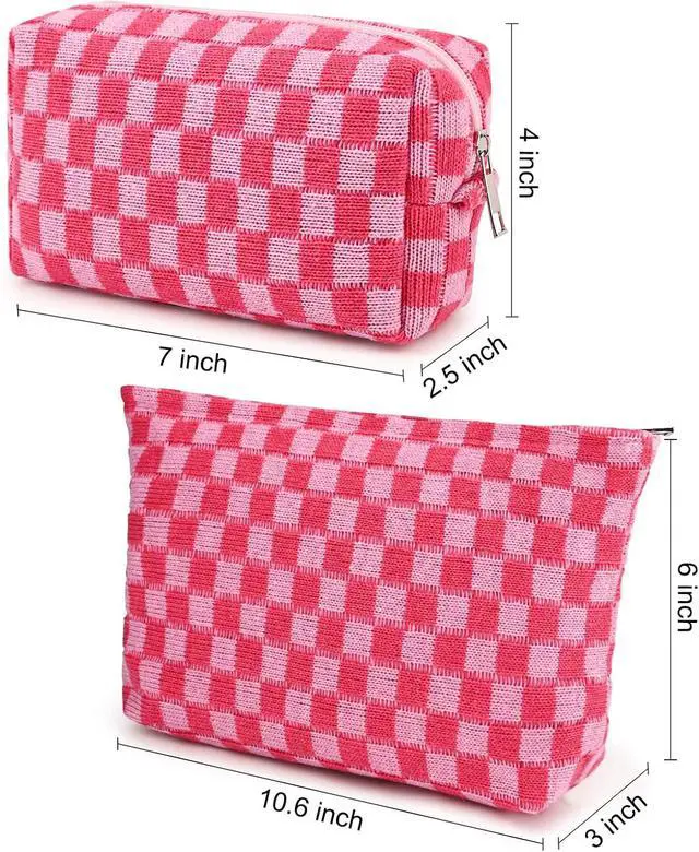 Alt view image 3 of 7 - SOIDRAM 2 Pieces Makeup Bag Large Checkered Cosmetic Bag Capacity Canvas Mix Travel Toiletry Bag Organizer Cute Makeup Brushes Aesthetic Accessories Storage Bag for Women, Checkered Mix Rose Red
