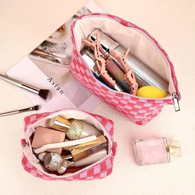 Alt view image 4 of 7 - SOIDRAM 2 Pieces Makeup Bag Large Checkered Cosmetic Bag Capacity Canvas Mix Travel Toiletry Bag Organizer Cute Makeup Brushes Aesthetic Accessories Storage Bag for Women, Checkered Mix Rose Red