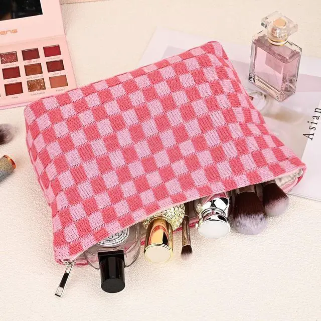 Alt view image 5 of 7 - SOIDRAM 2 Pieces Makeup Bag Large Checkered Cosmetic Bag Capacity Canvas Mix Travel Toiletry Bag Organizer Cute Makeup Brushes Aesthetic Accessories Storage Bag for Women, Checkered Mix Rose Red