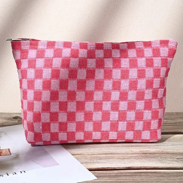 Alt view image 6 of 7 - SOIDRAM 2 Pieces Makeup Bag Large Checkered Cosmetic Bag Capacity Canvas Mix Travel Toiletry Bag Organizer Cute Makeup Brushes Aesthetic Accessories Storage Bag for Women, Checkered Mix Rose Red