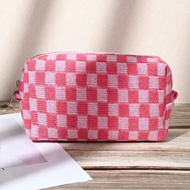 Alt view image 7 of 7 - SOIDRAM 2 Pieces Makeup Bag Large Checkered Cosmetic Bag Capacity Canvas Mix Travel Toiletry Bag Organizer Cute Makeup Brushes Aesthetic Accessories Storage Bag for Women, Checkered Mix Rose Red