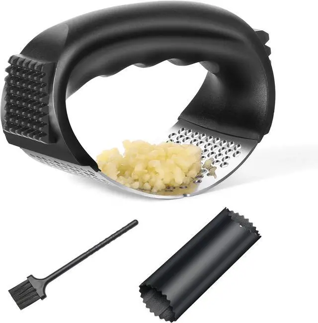 Main image of Garlic Press Rocker - Stainless Steel Garlic Mincer, Garlic Chopper, Garlic Crusher with Garlic Peeler and Cleaning Brush for Effortless Smashing Garlic.