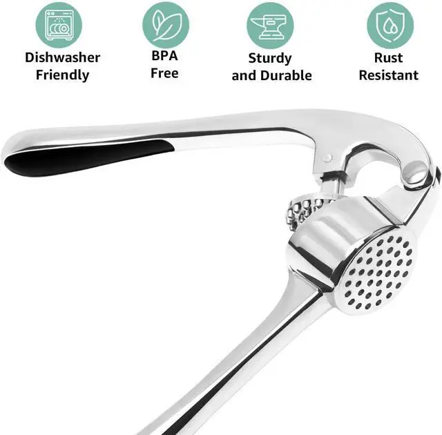 Alt view image 3 of 7 - Garlic Press Crusher & Mincer Easy Squeeze Ergonomic Handle, Heavy Duty Zinc Alloy, Dishwasher Safe, Includes Peeler & Cleaning Brush Garlic Ginger Crusher Tool (Imperial Silver)