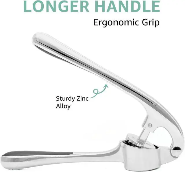 Alt view image 2 of 7 - Garlic Press Crusher & Mincer Easy Squeeze Ergonomic Handle, Heavy Duty Zinc Alloy, Dishwasher Safe, Includes Peeler & Cleaning Brush Garlic Ginger Crusher Tool (Imperial Silver)