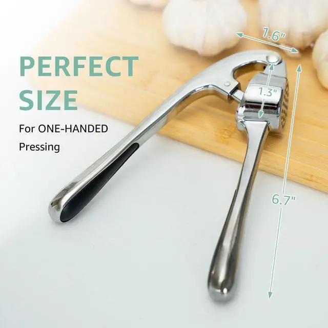 Alt view image 4 of 7 - Garlic Press Crusher & Mincer Easy Squeeze Ergonomic Handle, Heavy Duty Zinc Alloy, Dishwasher Safe, Includes Peeler & Cleaning Brush Garlic Ginger Crusher Tool (Imperial Silver)