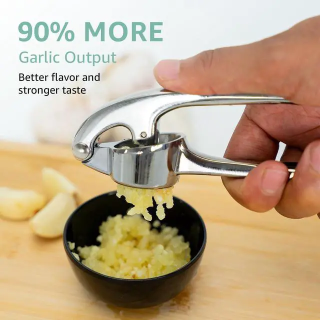 Alt view image 5 of 7 - Garlic Press Crusher & Mincer Easy Squeeze Ergonomic Handle, Heavy Duty Zinc Alloy, Dishwasher Safe, Includes Peeler & Cleaning Brush Garlic Ginger Crusher Tool (Imperial Silver)