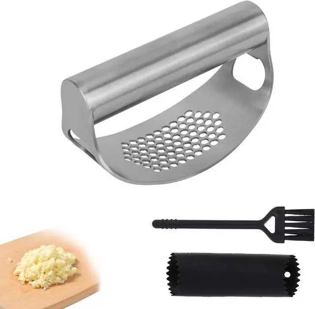 Main image of Stainless Steel Hand Garlic Rocker Presser Set, Garlic Press Smasher with Plastic Peeler Roller and Brush Ginger Crusher Mincer Cutter Supplies for Kitchen Dicer Chopper Grater Gadgets