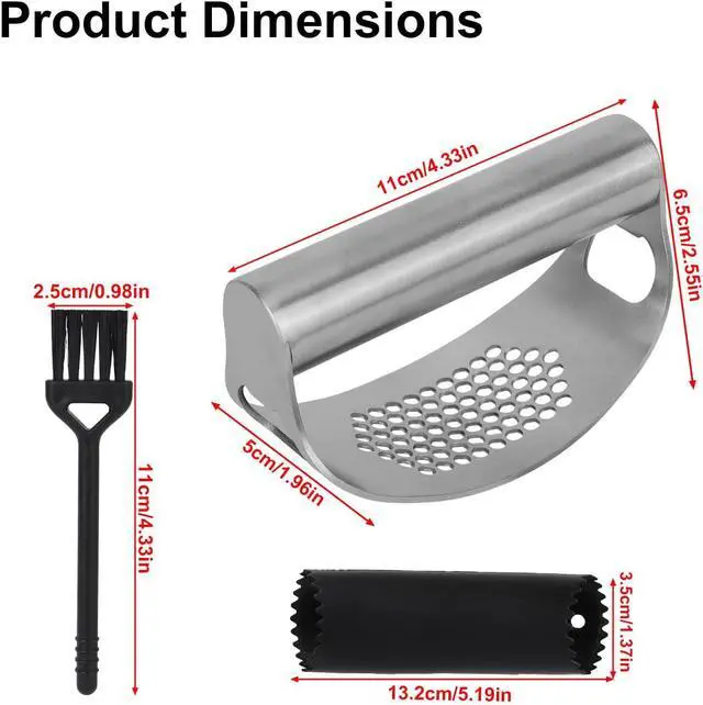 Alt view image 2 of 7 - Stainless Steel Hand Garlic Rocker Presser Set, Garlic Press Smasher with Plastic Peeler Roller and Brush Ginger Crusher Mincer Cutter Supplies for Kitchen Dicer Chopper Grater Gadgets