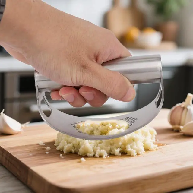 Alt view image 3 of 7 - Stainless Steel Hand Garlic Rocker Presser Set, Garlic Press Smasher with Plastic Peeler Roller and Brush Ginger Crusher Mincer Cutter Supplies for Kitchen Dicer Chopper Grater Gadgets