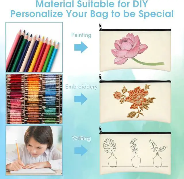 Alt view image 4 of 7 - 12 Pack Blank Canvas Pencil Pouches Bulk, Sublimation Zipper Bags for DIY | Small Multi-Purpose Canvas Bags with Zipper for Cosmetics, Travel, Travel Toiletries, Craft Projects, Organized 8.2" x 4.7"