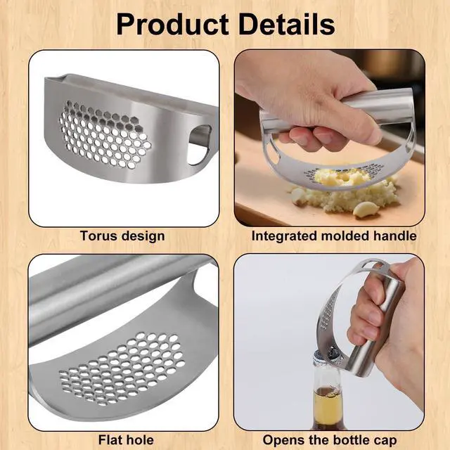 Alt view image 4 of 7 - Stainless Steel Hand Garlic Rocker Presser Set, Garlic Press Smasher with Plastic Peeler Roller and Brush Ginger Crusher Mincer Cutter Supplies for Kitchen Dicer Chopper Grater Gadgets