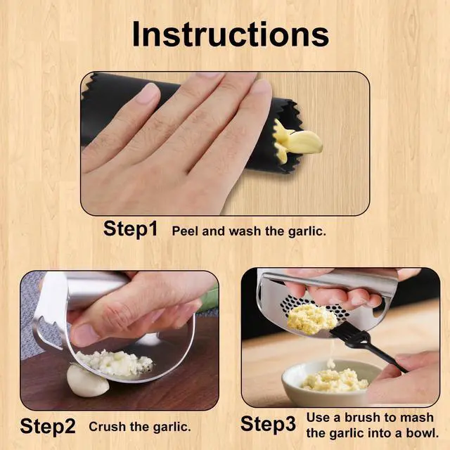Alt view image 5 of 7 - Stainless Steel Hand Garlic Rocker Presser Set, Garlic Press Smasher with Plastic Peeler Roller and Brush Ginger Crusher Mincer Cutter Supplies for Kitchen Dicer Chopper Grater Gadgets
