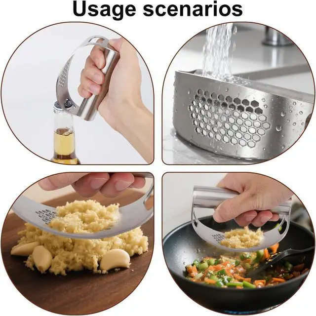 Alt view image 7 of 7 - Stainless Steel Hand Garlic Rocker Presser Set, Garlic Press Smasher with Plastic Peeler Roller and Brush Ginger Crusher Mincer Cutter Supplies for Kitchen Dicer Chopper Grater Gadgets