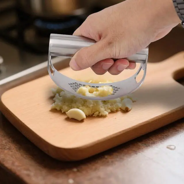 Alt view image 6 of 7 - Stainless Steel Hand Garlic Rocker Presser Set, Garlic Press Smasher with Plastic Peeler Roller and Brush Ginger Crusher Mincer Cutter Supplies for Kitchen Dicer Chopper Grater Gadgets