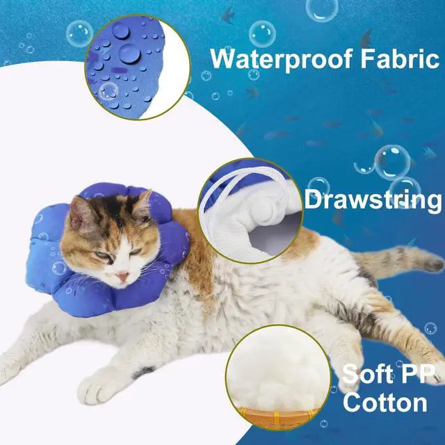 Alt view image 2 of 7 - Cat Soft Cone Collar, Adjustable Cat Recovery Cones to Stop Licking Wounds, Waterproof Pet Elizabethan Recovery Collar for Cats After Surgery (Blue Ocean, S)