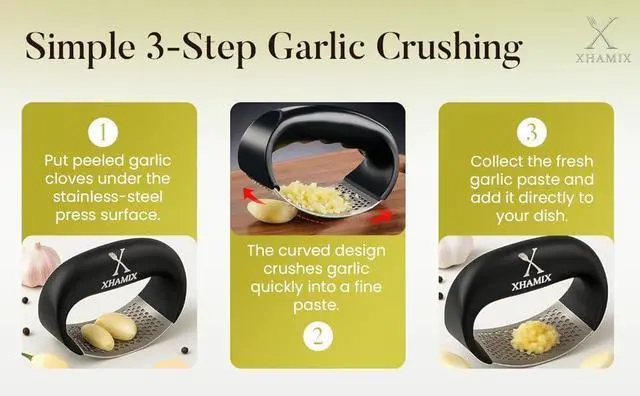 Alt view image 2 of 7 - XHAMIX® Stainless Steel Garlic Press Rocker Effortless Garlic Crusher & Mincer with Ergonomic Grip | Rust-Proof, Dishwasher Safe Garlic Tool for Home & Kitchen
